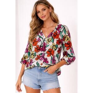 Roller Rabbit Floral Cotton Blouse Size L Boho India Resort Top